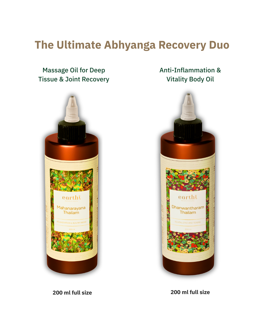 Two bottles of Eartha Abhyanga Recovery Duo on a white background