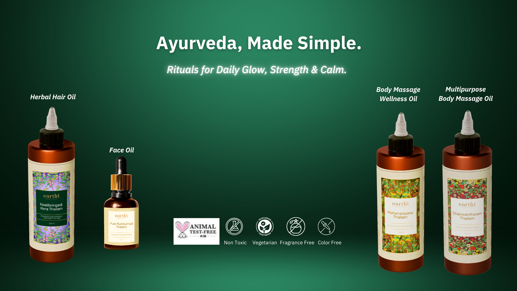 Ayurvedic product lineup with bottles and oils on a green background, featuring 'Ayurveda, Made Simple' text.